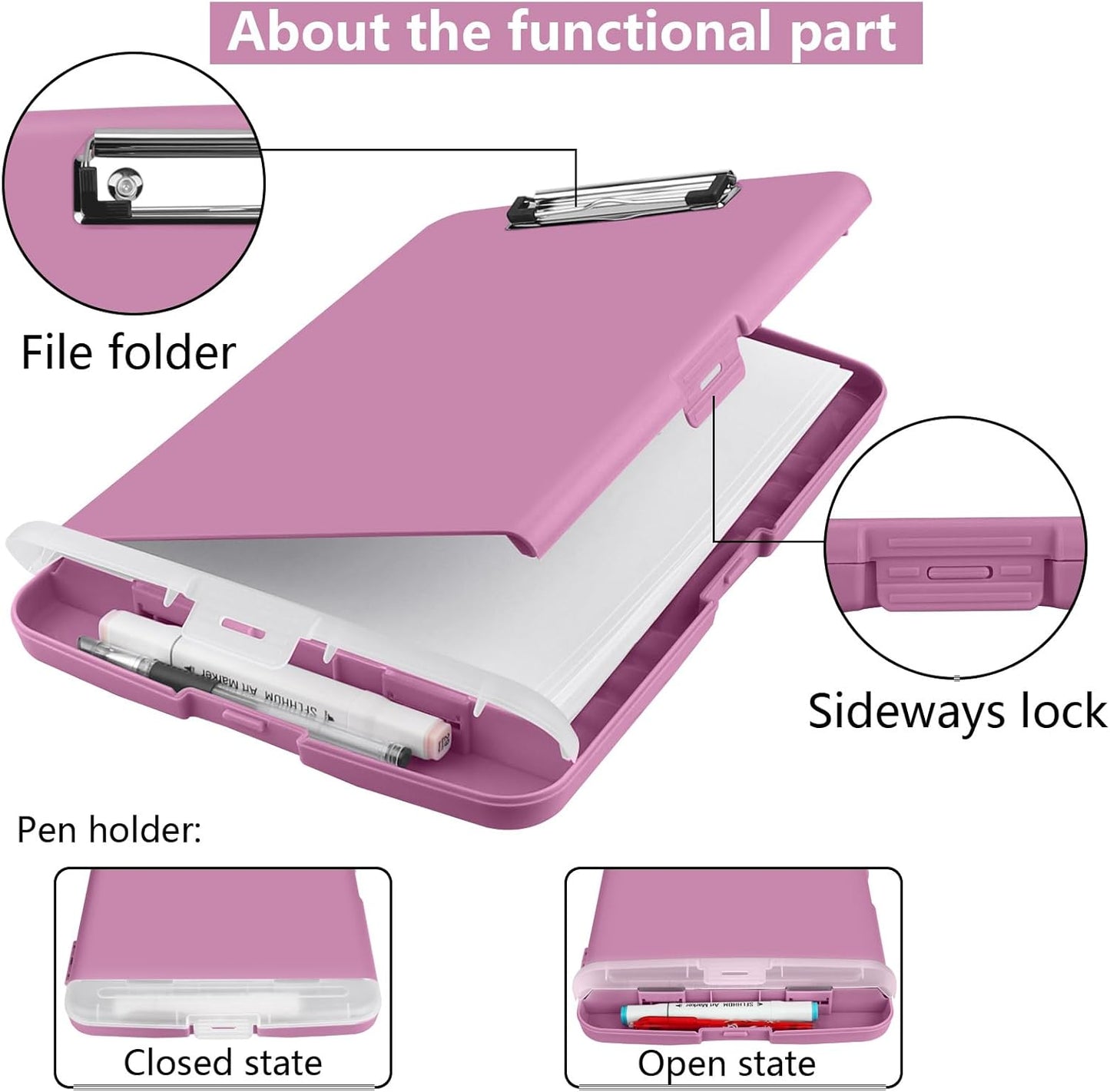 Clipboard with Storage, A4 Binder Nursing Clipboards with Pen Holder, Heavy Duty Storage Clipboards with Low Profile Clip, Clipboard Folder Side-Opening, Smooth Writing Clip Board (Violet)