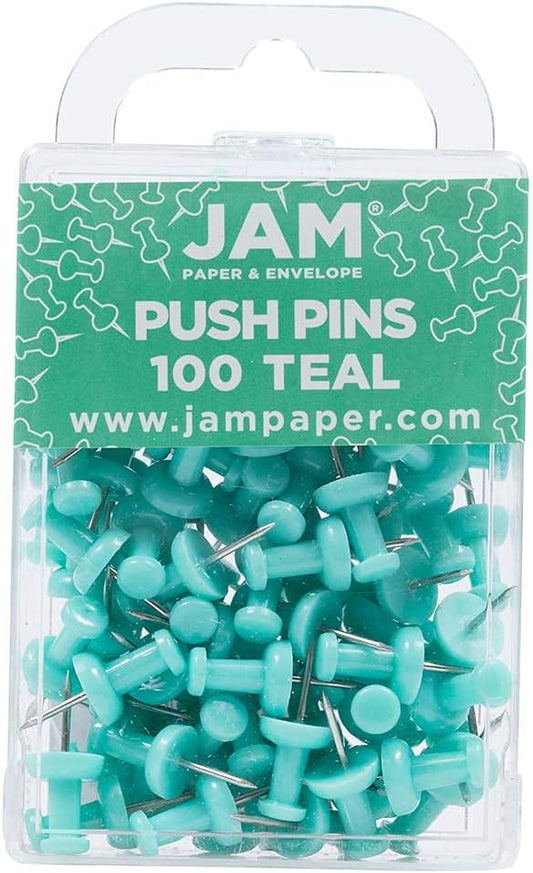 JAM PAPER Colorful Push Pins - Teal Pushpins - 100/Pack