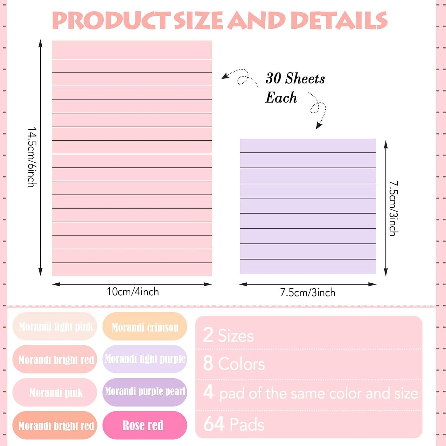 Yexiya 64 Pcs Lined Sticky Notes Self Stick Notes with Lines Bright Assorted Colors Sticky Pad for Home Office Products Post Memos, 1920 Sheets(4 x 6 Inch, 3 x 3 Inch,Fashion Color)