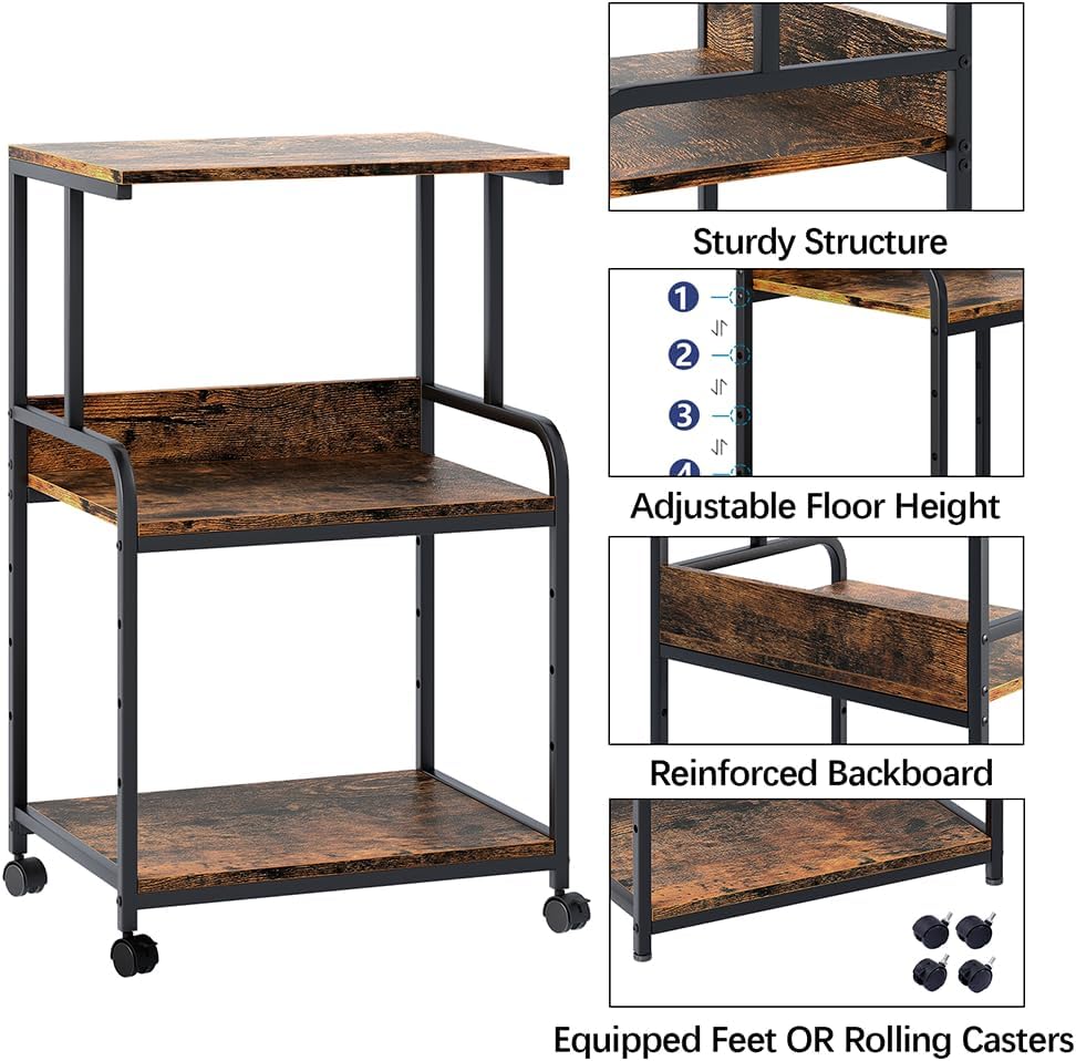 Printer Stand with Storage Shelf,3 Tier Printer Cart with Wheels,Mobile Printer Table for Home Office,Stands for Printer Heat Press Scanner Fax,Industrial Style (Brown)