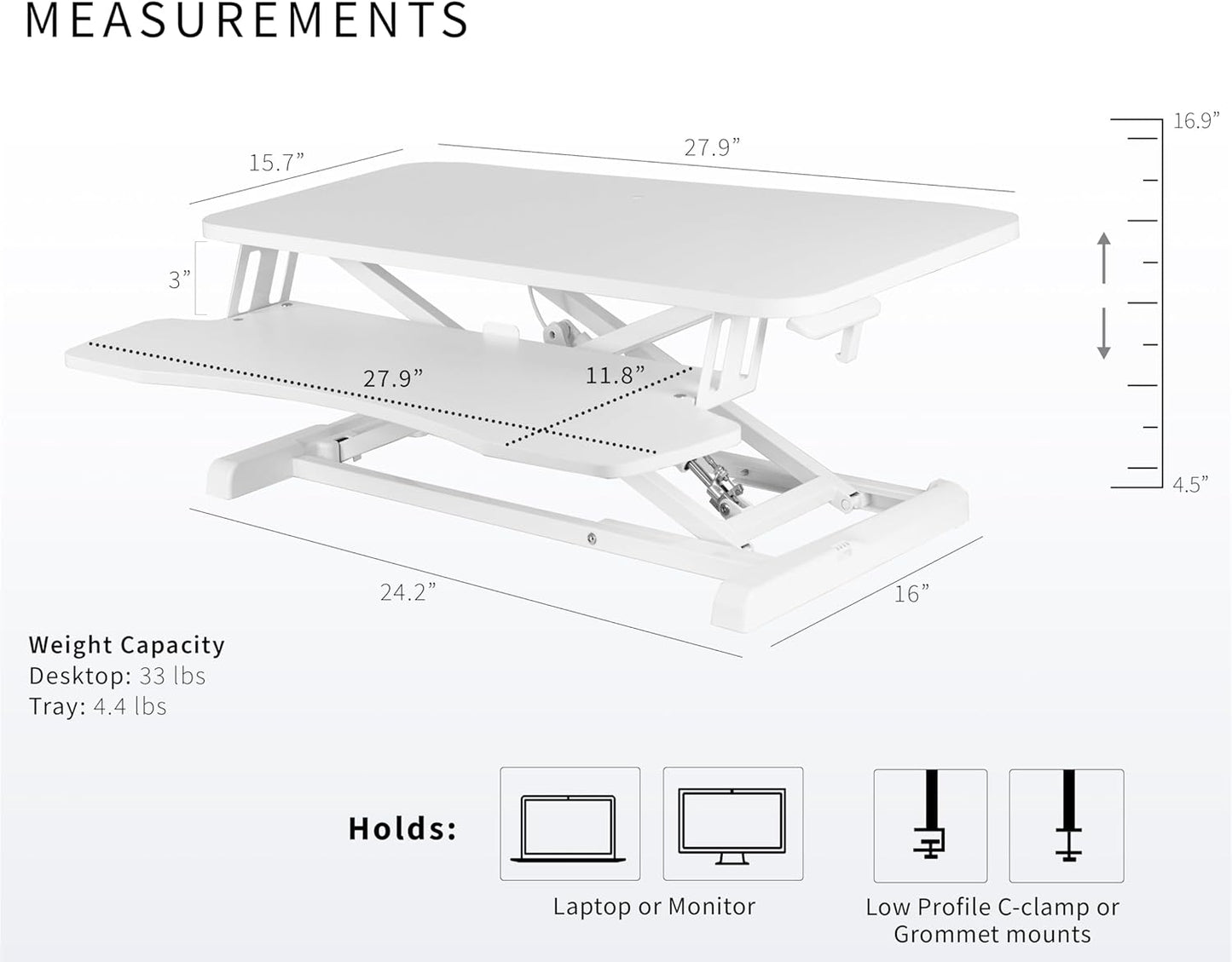 VIVO 28 inch Desk Converter, K Series, Height Adjustable Sit to Stand Riser, Dual Monitor and Laptop Workstation with Keyboard Tray, White, DESK-V028KW