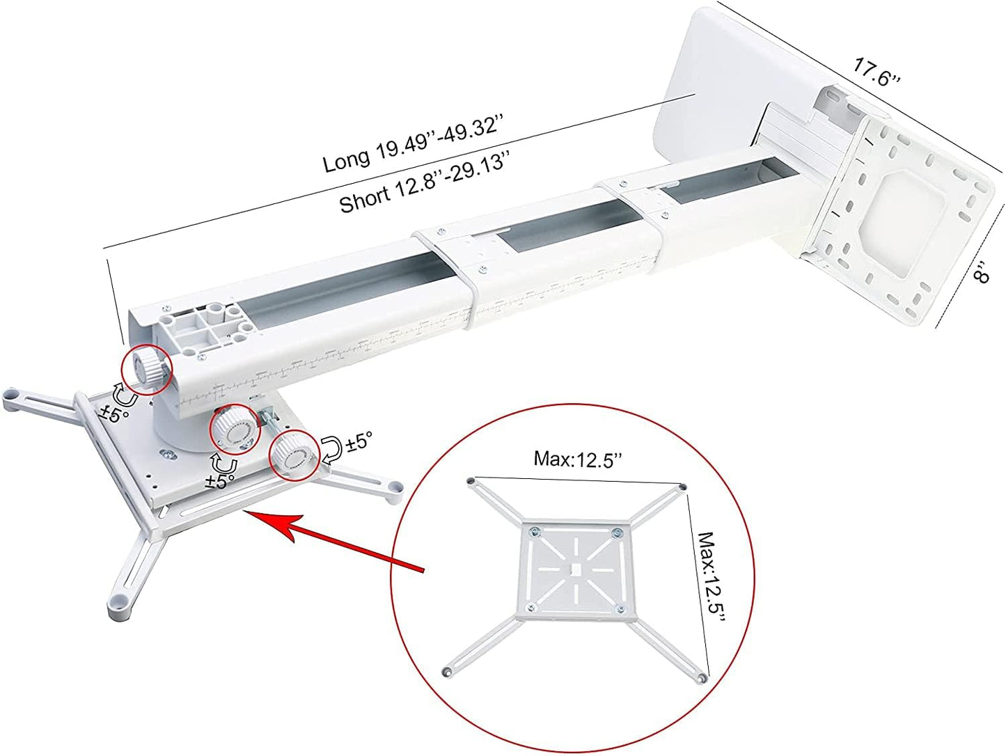 NC Projector Wall Mount with Universal mounting ,Telescopic Bracket Hanger,33lbs Load Capacity,High-Precision Adjustable: (12.8’’-29.13’’),white,(TYYZJ02)
