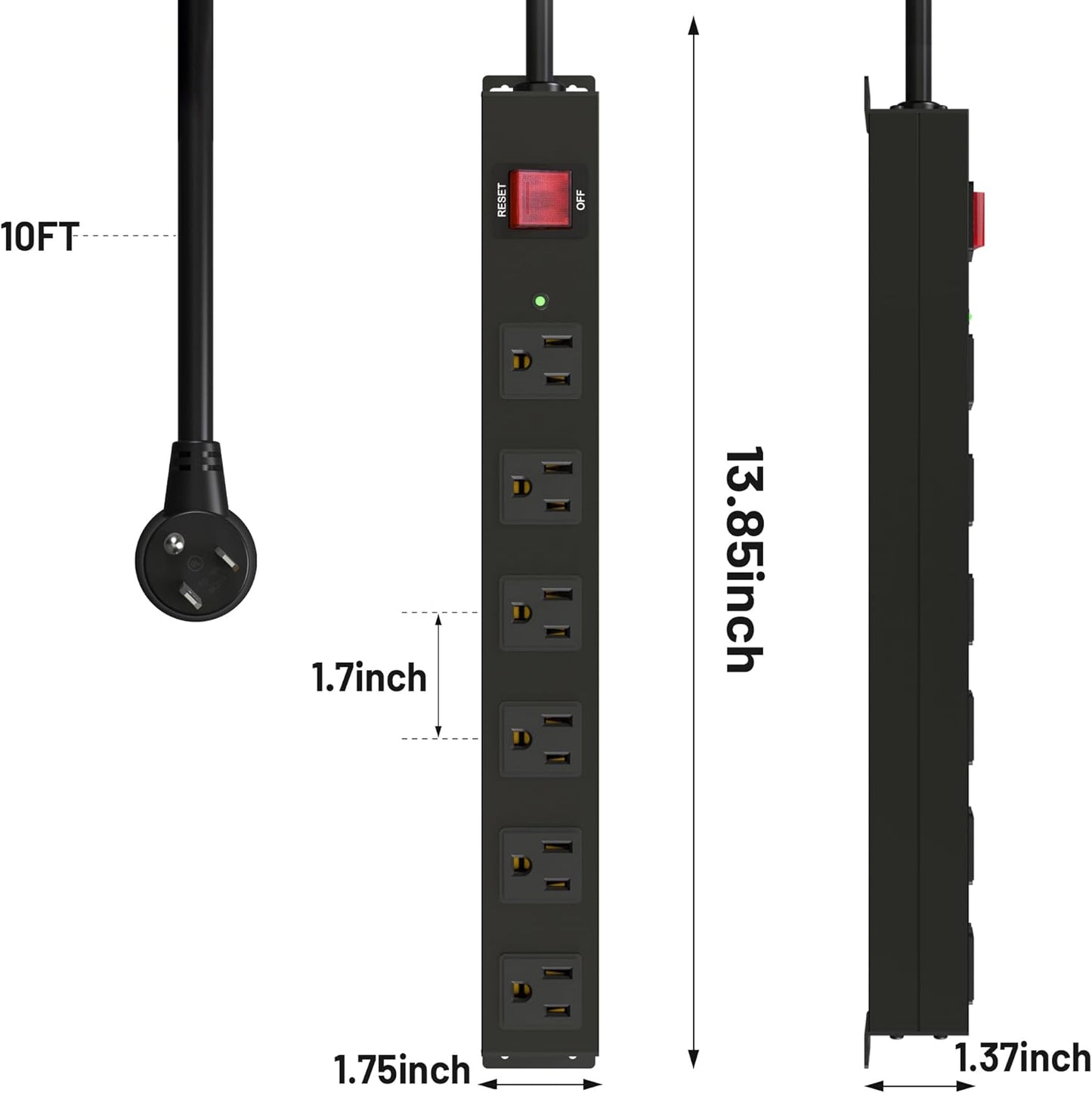 KF 6 Outlet Metal Wall Mount Power Strip, 2100J Surge Protection Heavy Duty Power Strip, 15A/1875W Mountable Power Strips with Upgraded Switch, 14AWG 10FT Power Cord, Black