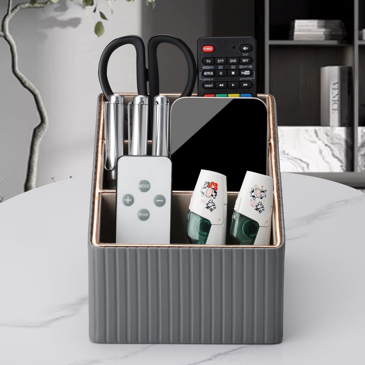 KINGFOM 3 Slot PU Leather Remote Controller Holder, Home Sundries Storage Box, TV Guide/Mail/CD Organizer/Caddy/Holder with Free Cable Desk Organizer (Grey)