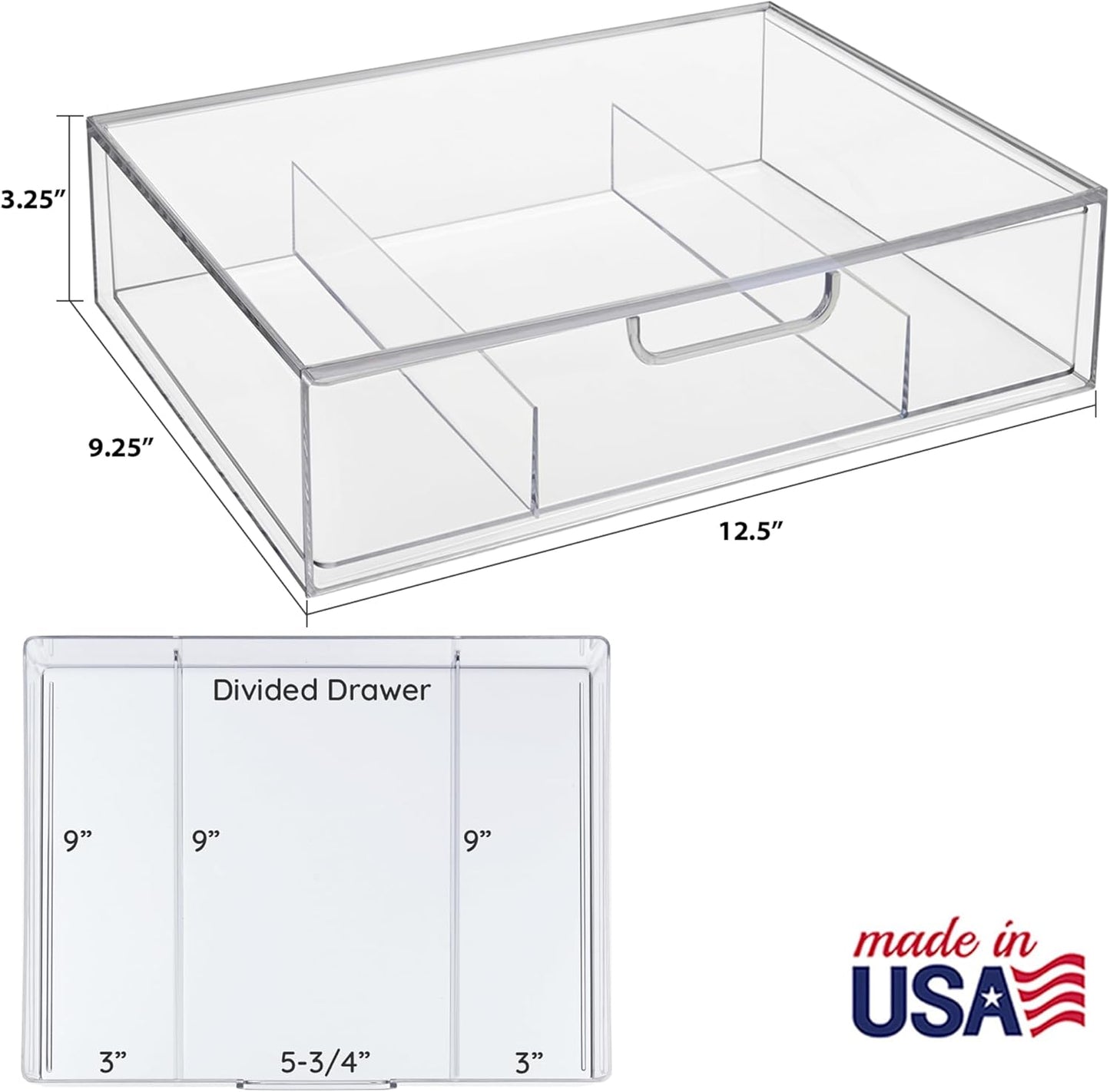 STORi STAX Plastic Stackable Organizer Divided Drawer in Clear | 12.5-inches Wide | 3-Compartments to Organize Office Desk Accessories, Pens, and Notepads| Made in USA