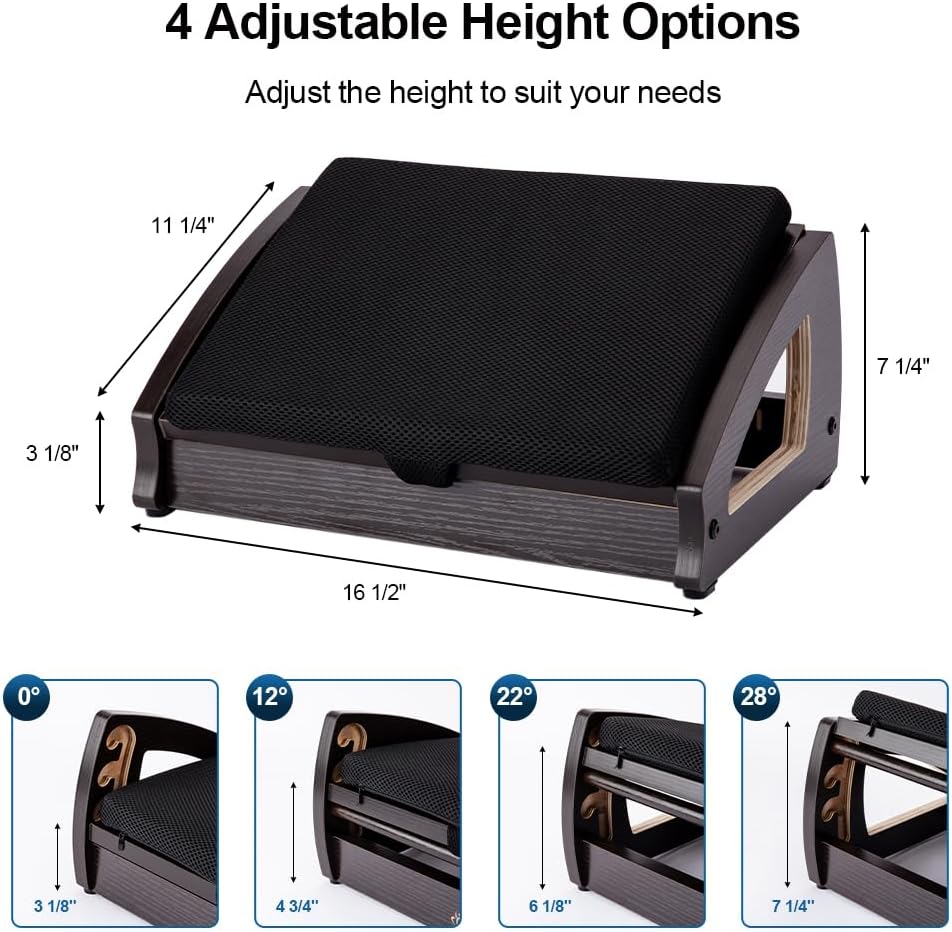 StrongTek Wood Ergonomic Footrest - 4-Angle Adjustable Foot Stool for Desk, Office Footrest, Anti-Slip Foot Stand for Under Desk, Enhances Posture, Promotes Blood Circulation, Easy Assembly (Espresso)