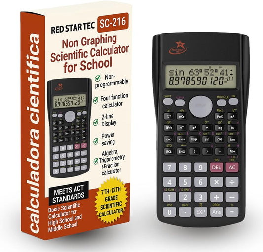 SC 216 Non Graphing Scientific Calculator for School by Red Star Tec – Black Math Calculator with 240 Functions, SAT Exam Ready, 2-Line Display, Trigonometry, Algebra & Statistics Support