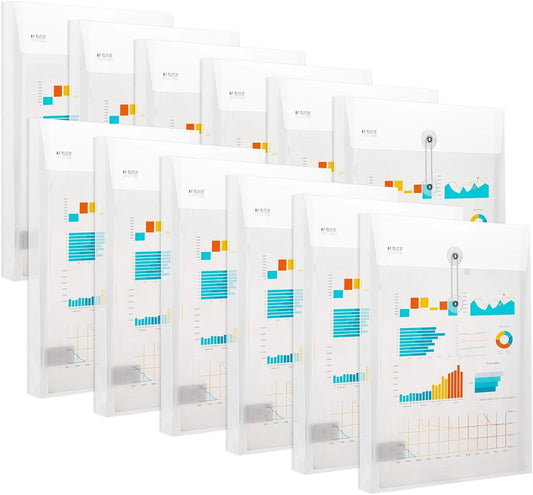 M&G 12 Pack Plastic Envelopes File Folders, Clear Poly Document Folder, Expandable Files Document Folders with Button & String Tie Closure- US Letter A4 Size for School Home Work Office Organizer