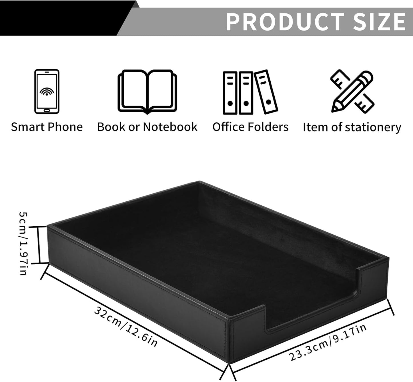 PU Leather Letter Tray - Load Documents Trays Front for Office Desktop Organizer - Desk Magazine, File, A4 Paper Holder - Paper Document File Holder (Black, A4-Tray)