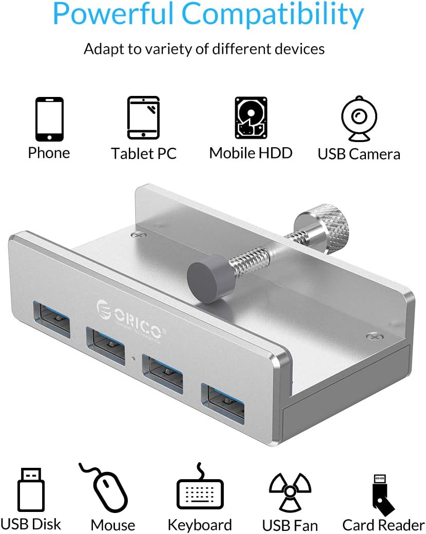 ORICO USB 3.0 Hub Clamp Adapter, Aluminum 4-Port USB Splitter with Extra Power Supply Port and 4.92 FT USB Data Cable, Ultra-Portable USB Expander for 2021 iMac/Laptop/PC