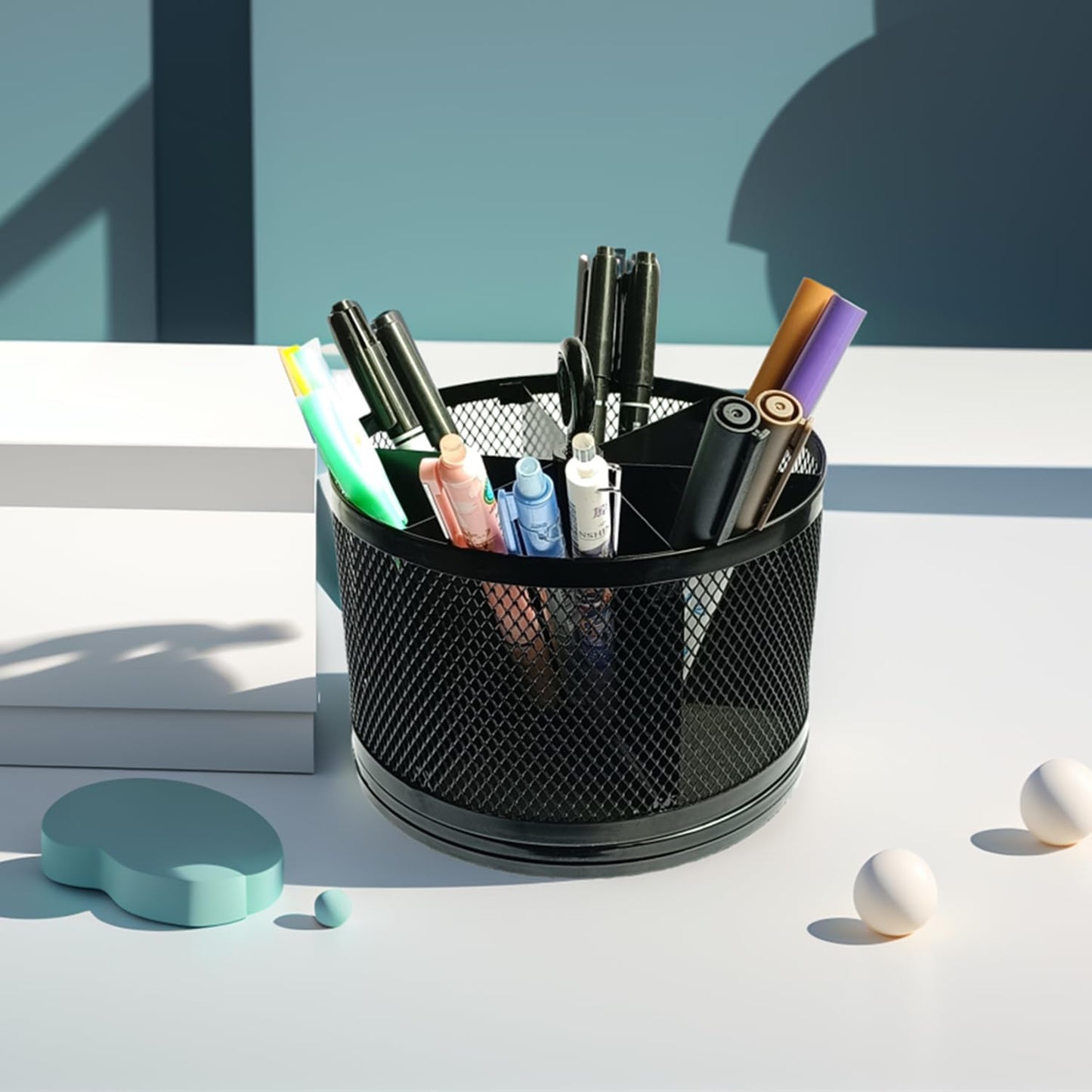 SETTFRFE Rotating Pen Holder for Desk,Supplies Organizer pencil Caddy,6 Compartments Desk Organizer,Black (Metal Mesh Style)