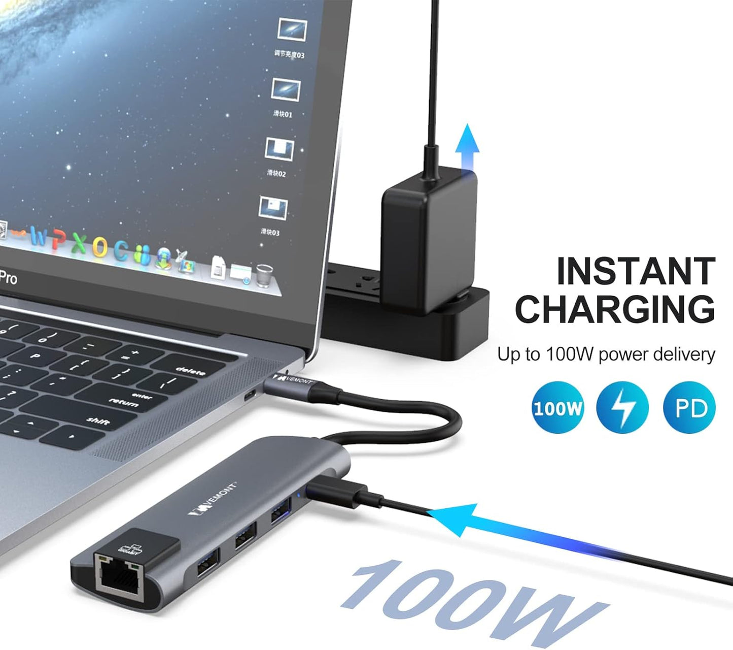 VEMONT USB C hub,5 in1 USB-C hub, Type-c multiport Adapter with Gigabit Ethernet, 3 USB 3.0 hub for Data, 100W Power Delivery, USB c hub for Laptop MacBook/ipad, and Other USB C Devices