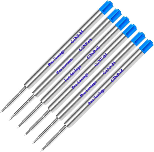 6 Pack, Pen Savings Gel Pen Refills Compatible with Parker Ballpoint Pens, .5mm Extra Fine Needle Point, Smooth Writing, Frictionless Flow (Bulk Packed) (Blue)