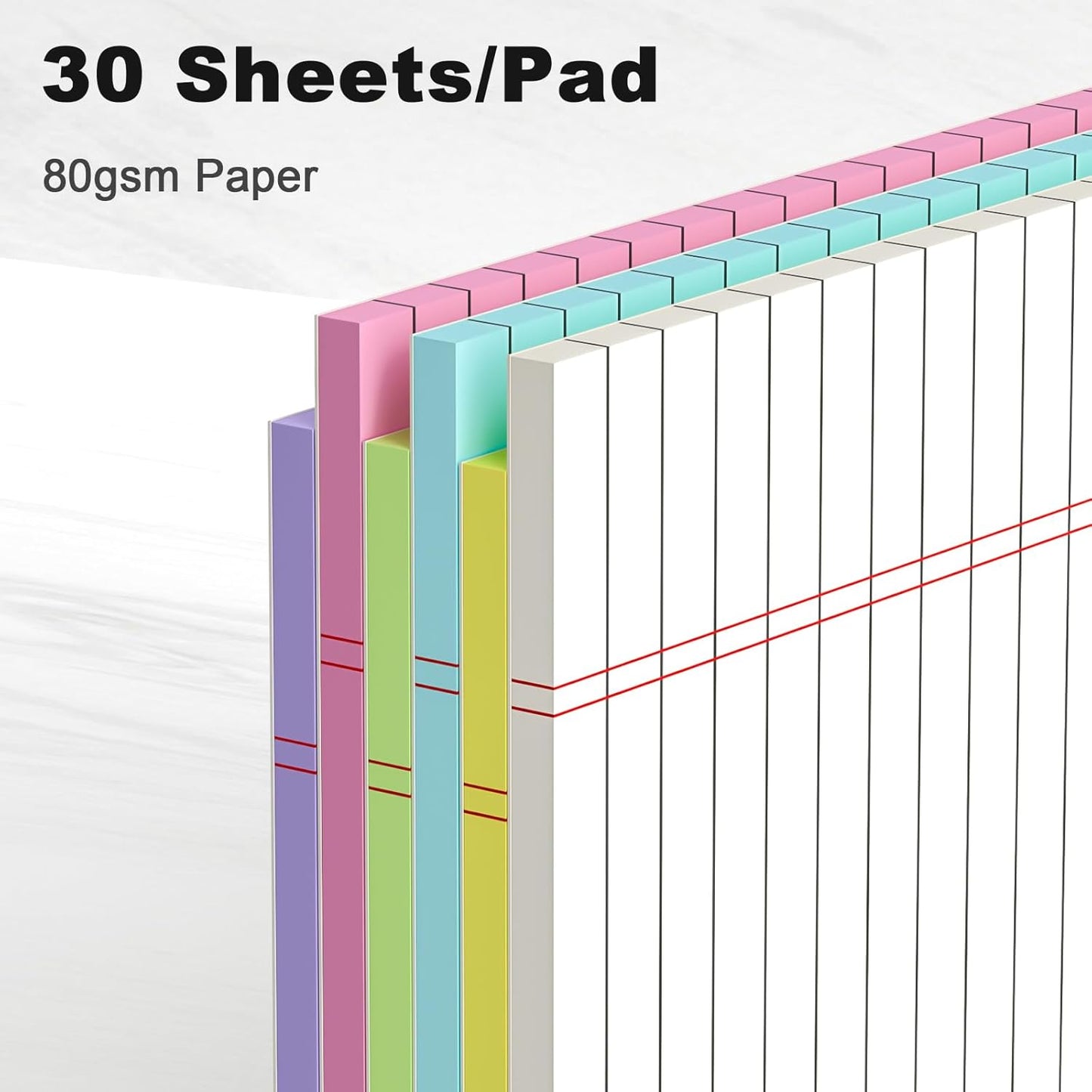 Colored Legal Pads 8.5 x 11 Wide Ruled, Note Pads Sturdy Back Writing Pads 30 Sheets/Pad, 20lb Colored Paper, Perforated Notepad with Sturdy Back (6 Pads)