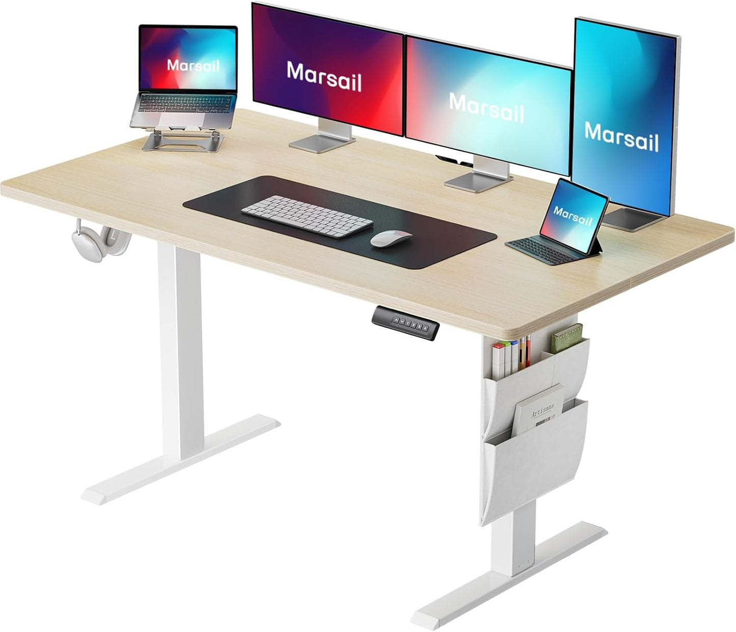 Marsail Electric Standing Desk Adjustable Height Home Office Desks 55"x28" with Storage Bag,Sit Stand up Desks for Study,Writing,Work Computer 4 Memory Preset with Headphone Hook