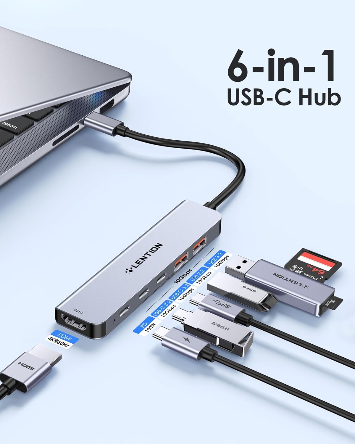 LENTION USB C Hub with 4K@60Hz HDMI, 2 USB C and 2 USB 3.2 Gen2 Transfer Data in 10Gbps Max, 100W Charging, for MacBook Pro M4, Mac Air, iPhone 15, Windows, More, Stable Driver Adapter (CE37 Gray)