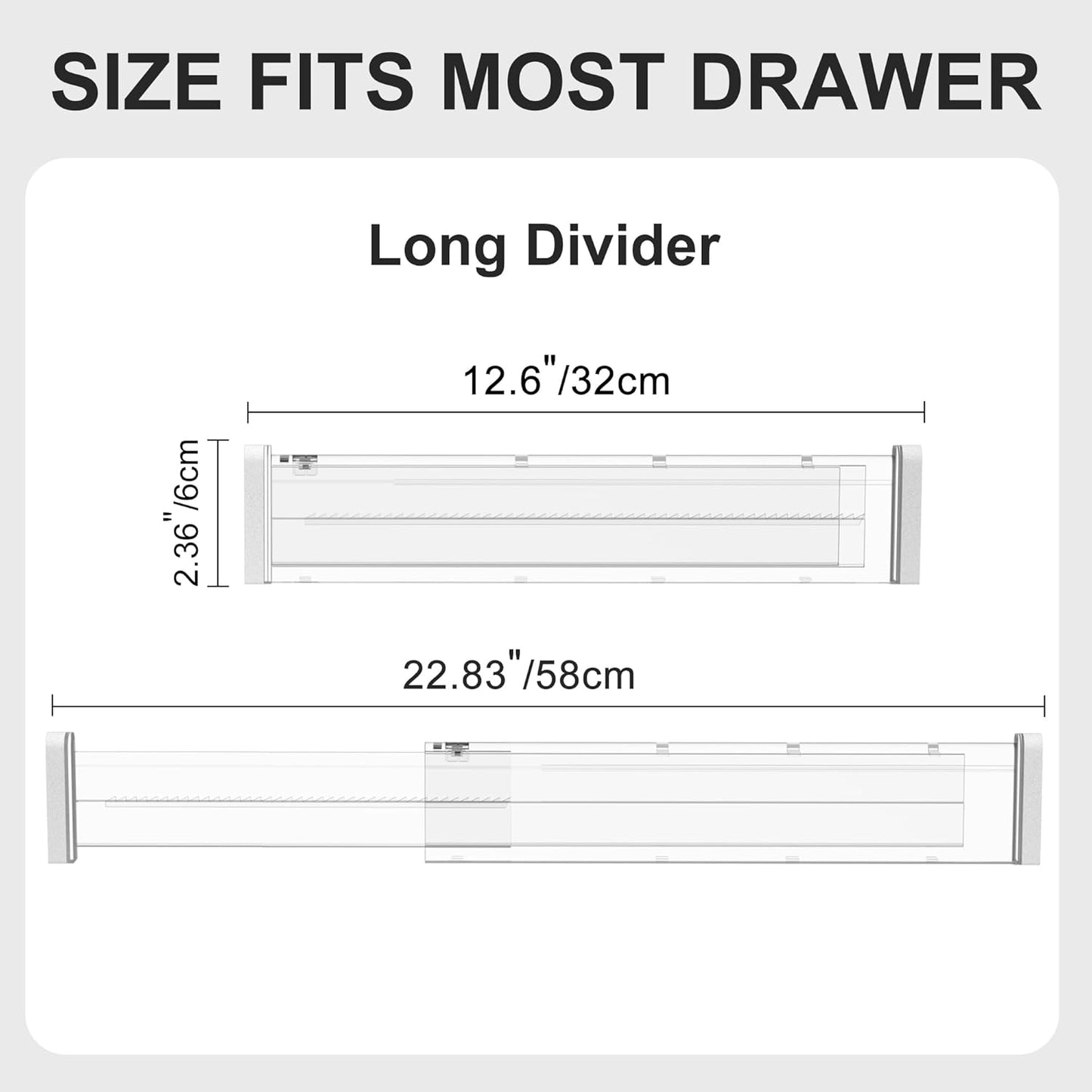 HiYZ Expandable Drawer Dividers - 12.6-22.8'' Adjustable Drawers Organizers for Kitchen Utensils, Drawer Separators in Bedroom, Dresser, Office, Bathroom, Fridge, 3 Pack Long Dividers-Clear