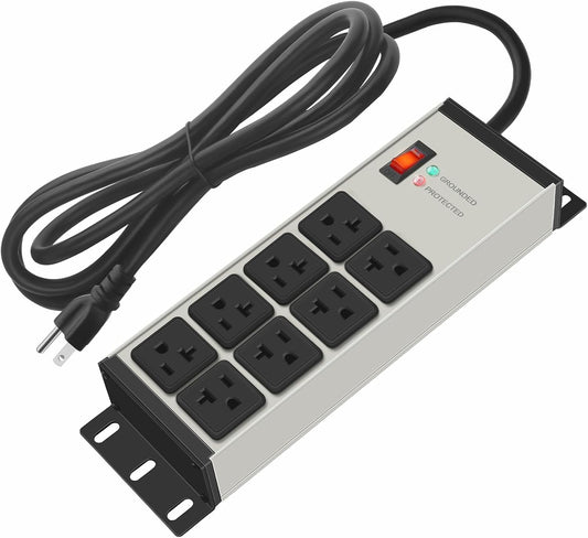 CCCEI Grey Heavy Duty Power Strip Surge Protector 20 AMP, 8 Outlets 12 Gauge Industrial Shop Garage Metal Multiple Outlets, 25 FT Extension Cord 5-15P Adapter High Amp 6-20R T-Slot 20a for Appliance