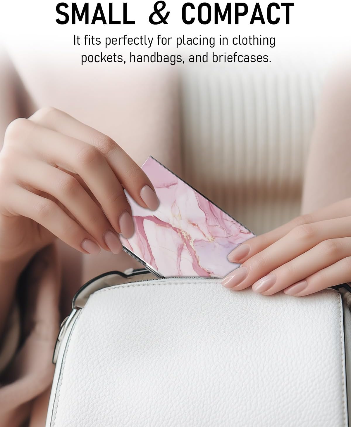 Business Card Metal Slim Organizer, Professional Stainless Steel Square Pocket Wallet for Office Workers, Compact and Portable for Pockets (Pink Marble