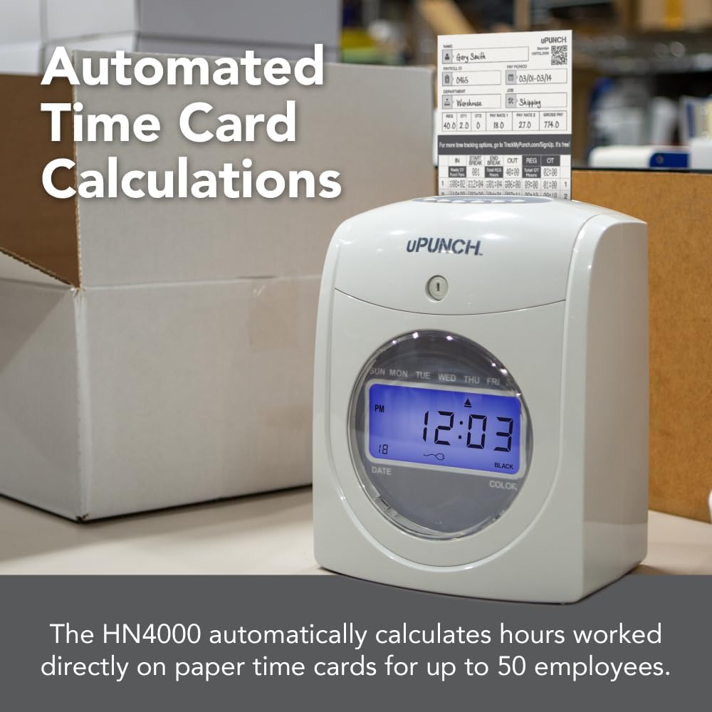 uPunch HN2500 Calculating Time Clock Bundle for Small Business: Auto Align Employee Time Tracking System with 100 Time Cards, Ribbon, and Keys