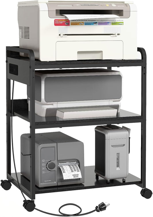 Printer Stands with Charging Station, 25.2 x 18.9 Inch Large Printer Stand with Wheels for Home Office, 3 Tier Printer Table with Power Outlet USB Port, Printer Shredder Stand, Black