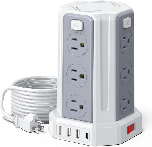 Power Strip Surge Protector, 10 Ft Extension Cord with 12 AC Multiple Outlets 4 USB (1 USB C), SMALLRT Power Tower Desktop Charging Station (White, 10 FT)
