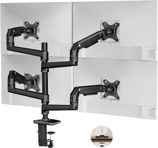 Quad Monitor Mount, Holds Screens up to 40 Inches and 25 lbs, Fully Adjustable 4 Monitor Mount with C-Clamp and Grommet Base, Aluminum, Black