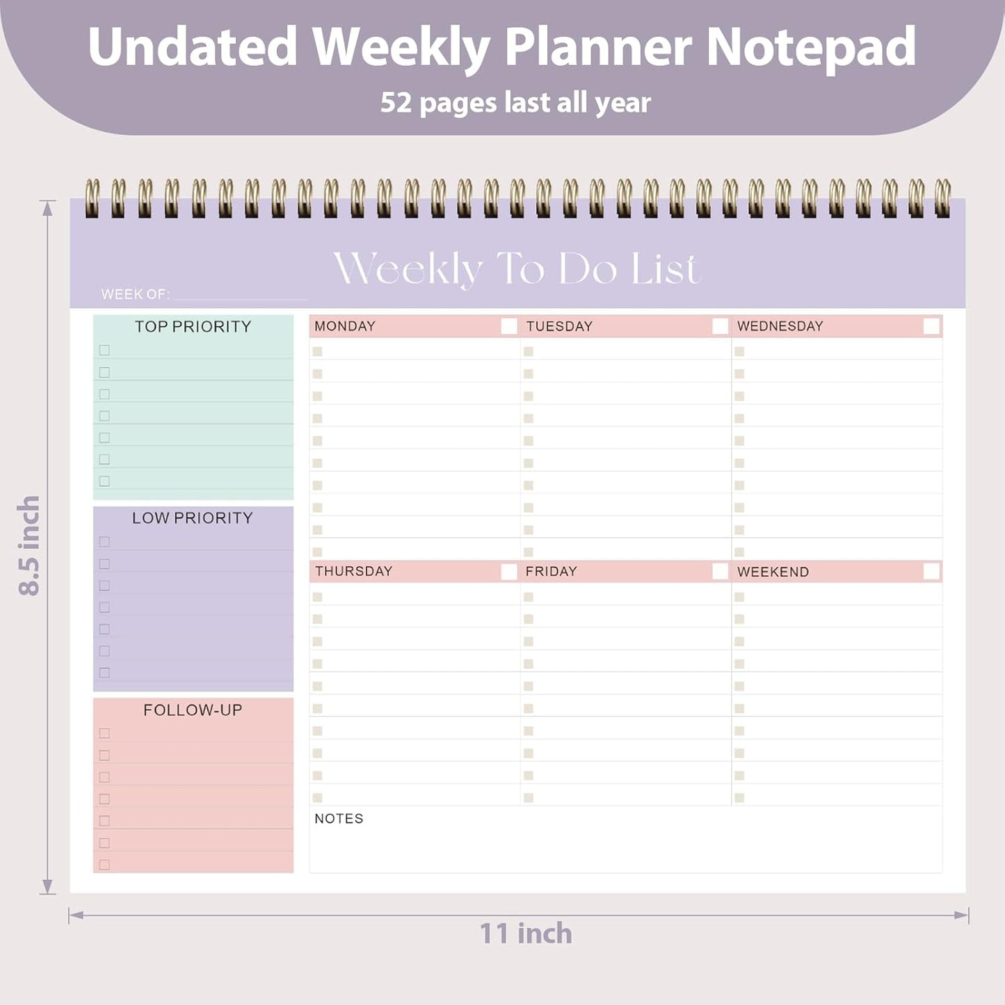 Weekly To Do List Notepad, Undated Planner with 52 Sheets (8.5''x11''), Desk Weekly Planner for Women & Man, Home School & Work