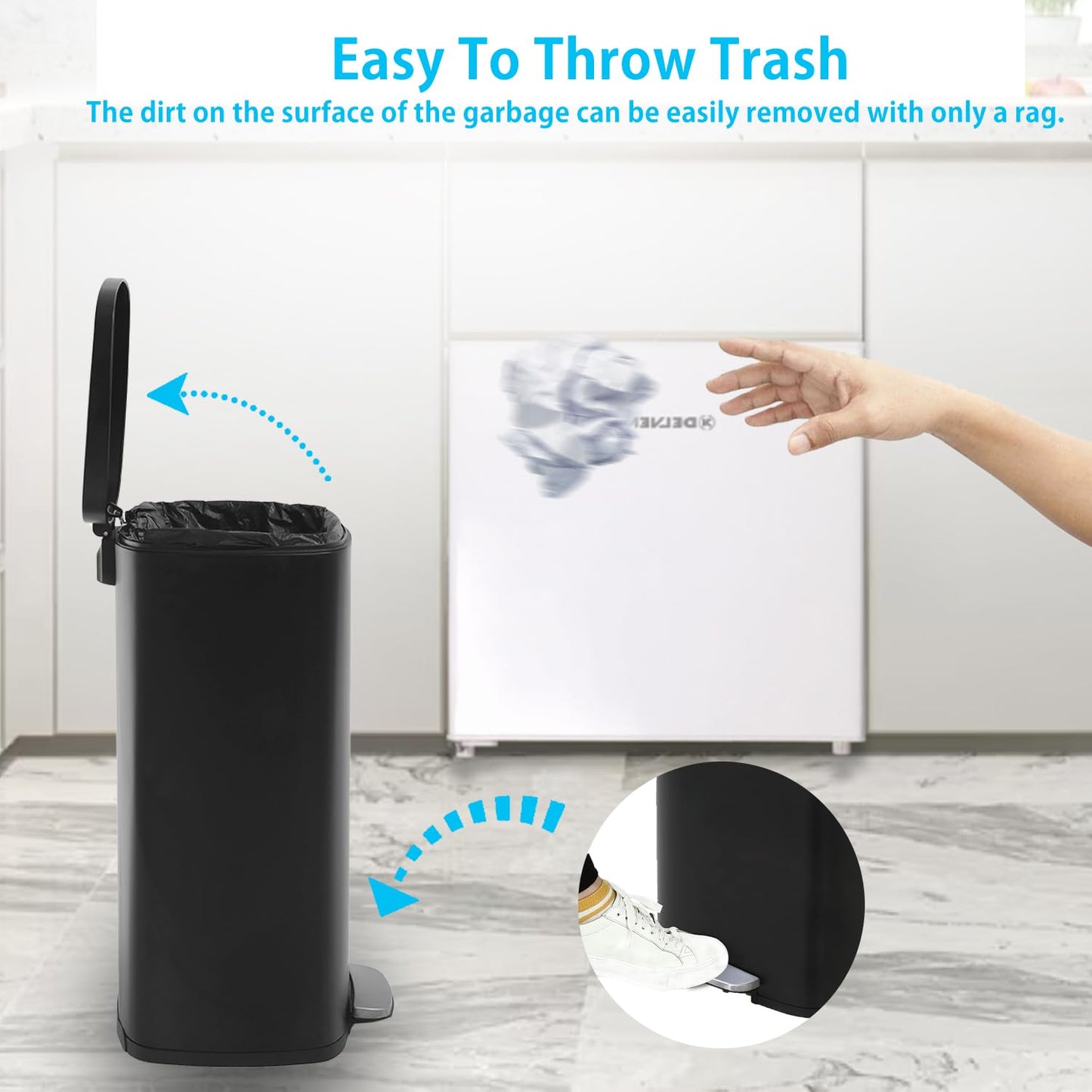 PayLessHere Stainless Steel Trash Can with Lid - Removable Inner Bucket, Foot Pedal Soft Close for Office, Home, Kitchen Garbage Bin (Black, 13 G)