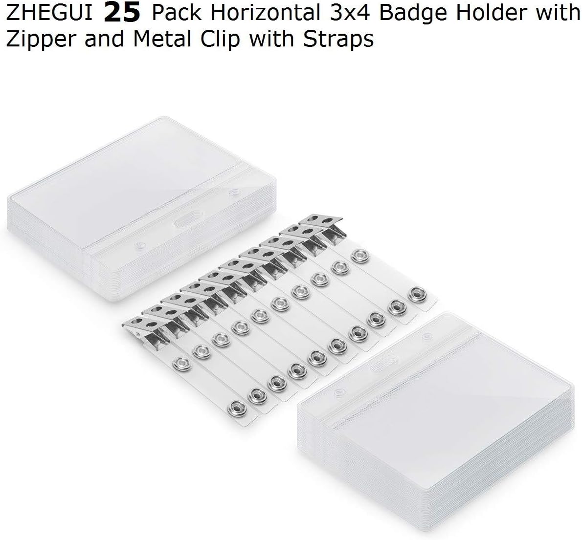 Clear Plastic Horizontal Name Tag Holders and Metal Badge Clips with Vinyl Straps Waterproof PVC ID Card Badge Holder 3x4 Inch(25 Pack, Horizontal Large 3x4)