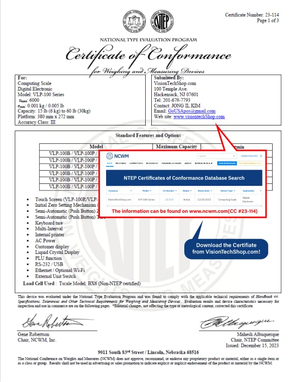 VisionTechShop VLP-100B Label Printing Scale, Capacity 30/60lb Readability 0.01/0.02lb, NTEP Legal for Trade, English, Spanish Available