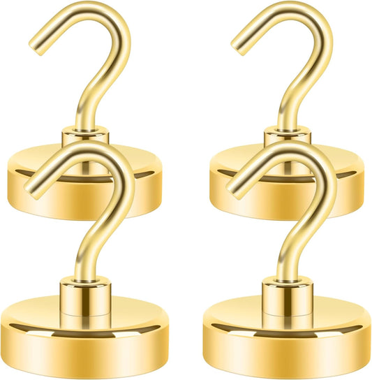 Neosmuk Magnetic Hooks Heavy Duty,Strong Magnet with Hook for Fridge, Super Neodymium Extra Strength Industrial Hooks for Hanging, Magnetic Hanger for Toolbox, Cruise, Grill(Golden,4 Pack)