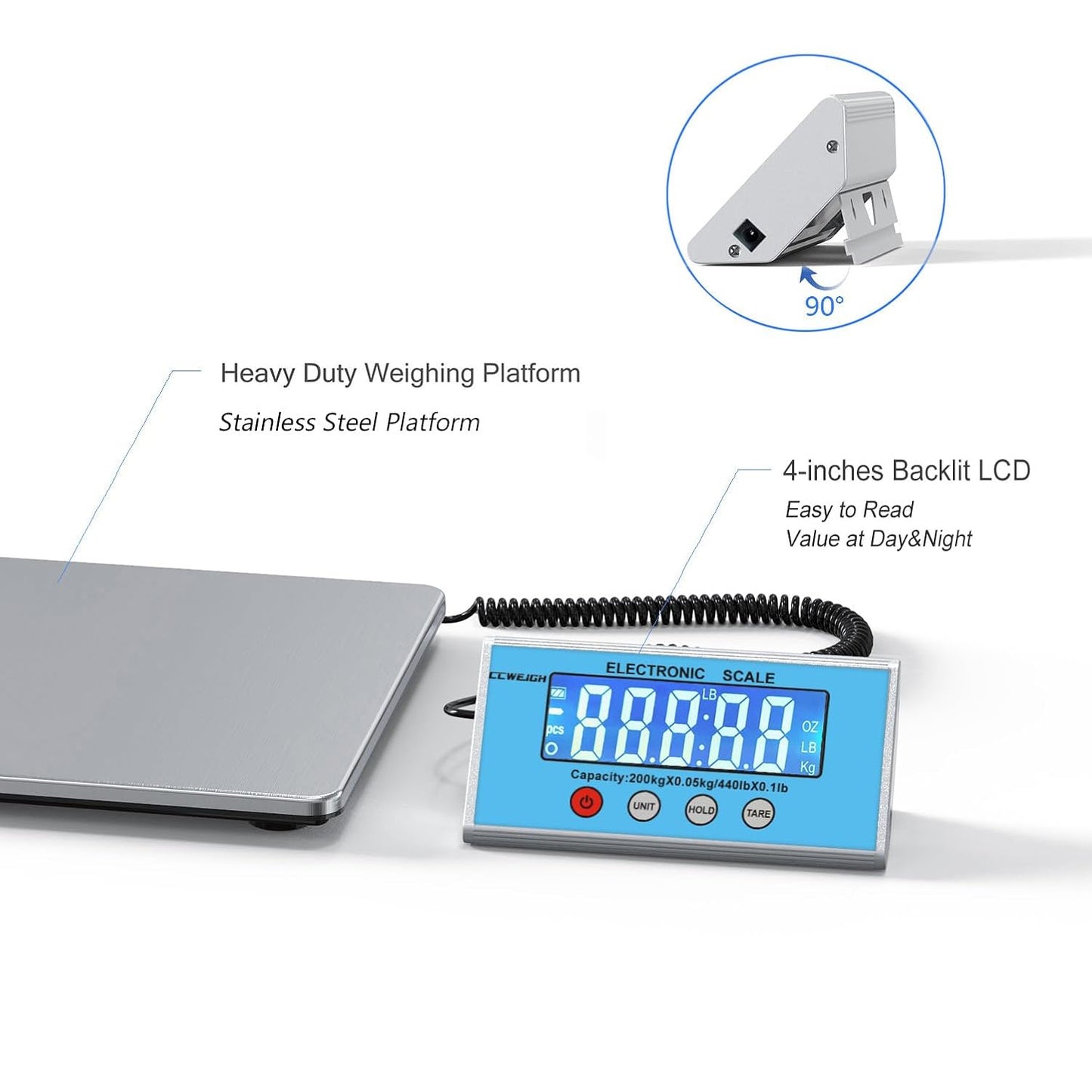Shipping Scale 440lb with High Accuracy, Heavy Duty Stainless Steel Postal Scale with Hold/Tare, Digital Shipping Scale for Packages/Luggage/Post Office/Home, Battery & AC/DC Adapter