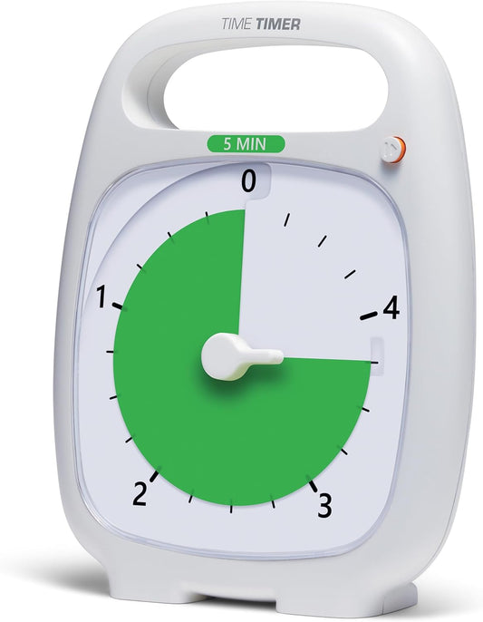 TIME TIMER PLUS 5 Minute Desk Visual Timer - Countdown Timer with Portable Handle for Classroom, Office, Homeschooling, Study Tool with Silent Operation (White)