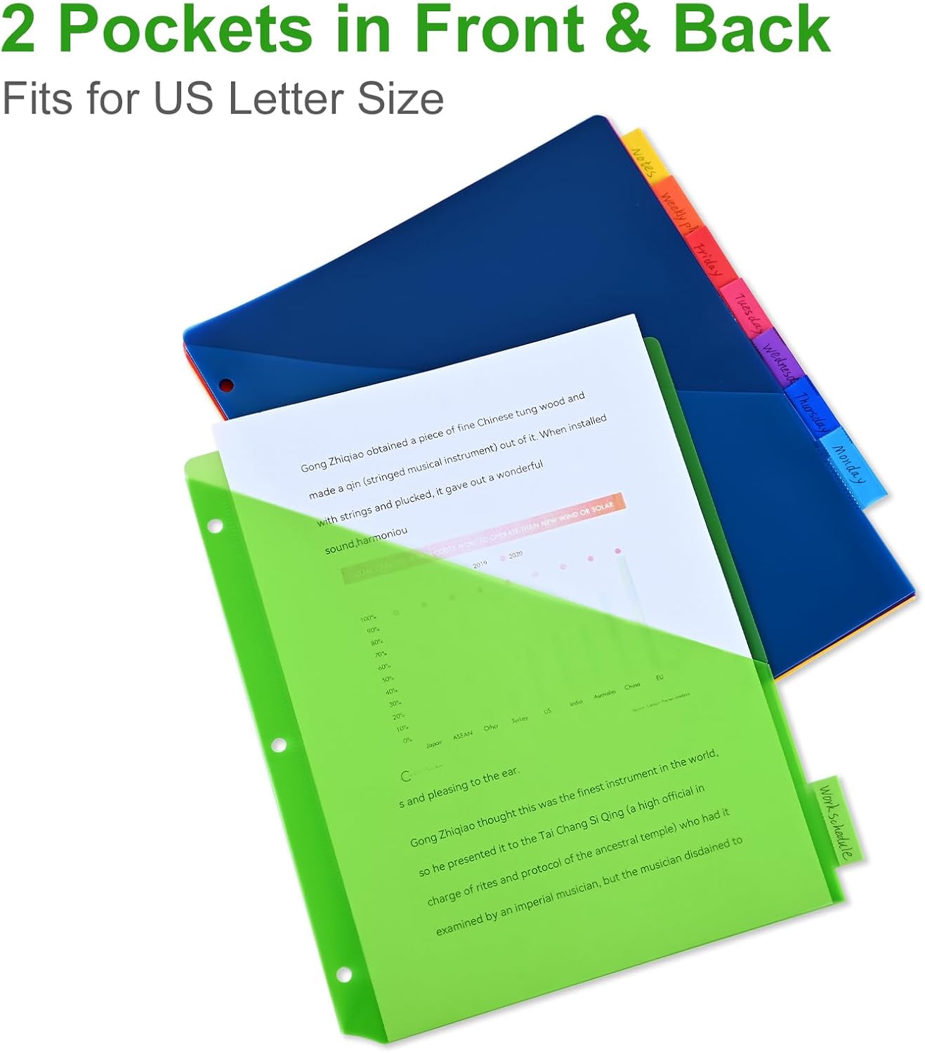 8-Tab Binder Dividers - Index Pockets Divider for 3 Ring Binders, 3-Hole Plastics Sheets Protectors for US Letter Size in 0.5'', 1'', 2'', 3 inch Binders, 8 Colors (XY004) (2 Packs)