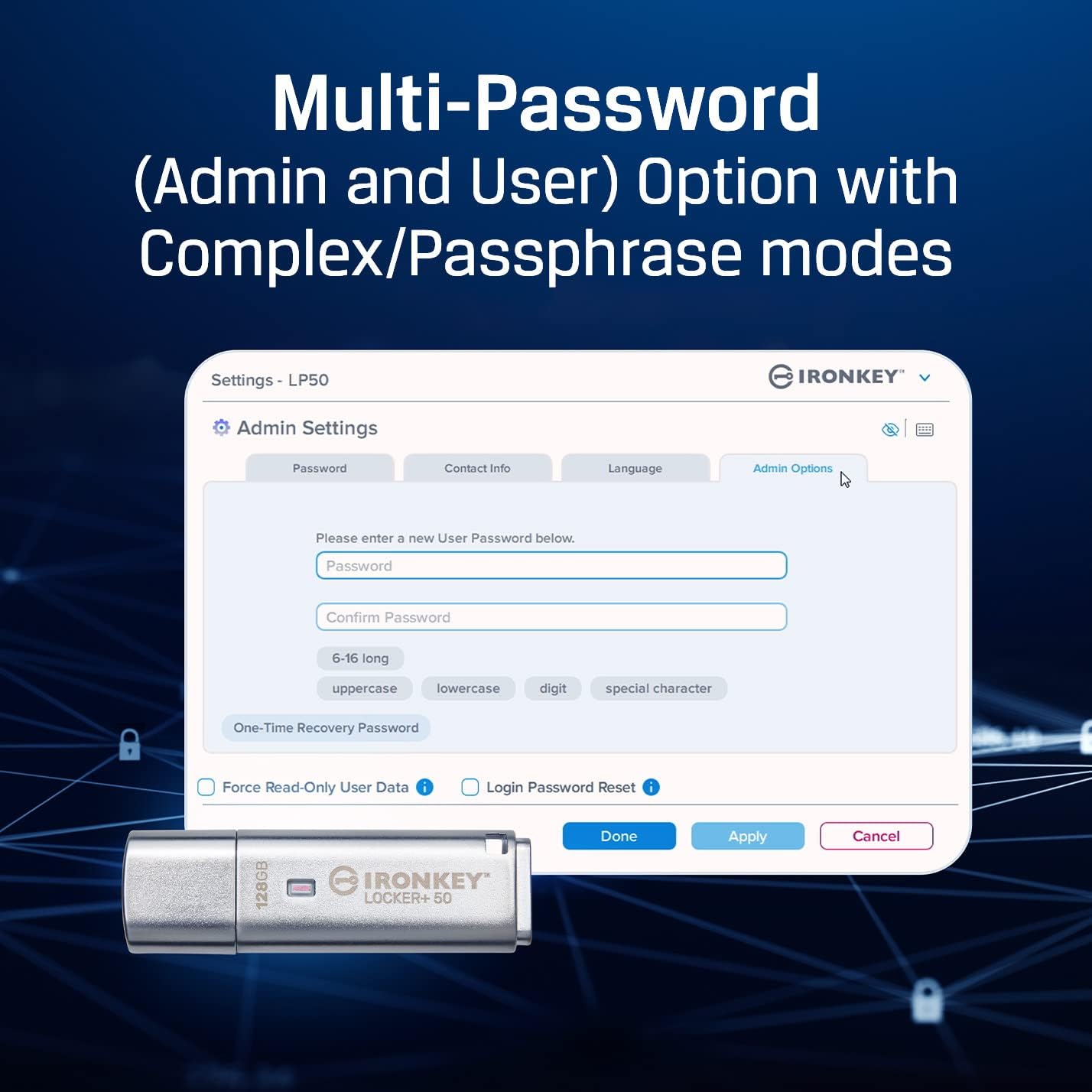 Kingston Ironkey Locker+ 50 64GB Encrypted USB Flash Drive | USB 3.2 Gen 1 | XTS-AES Protection & TAA Compliant | Multi-Password Security Options | Automatic Cloud Backup | Metal Casing | IKLP50/64GB