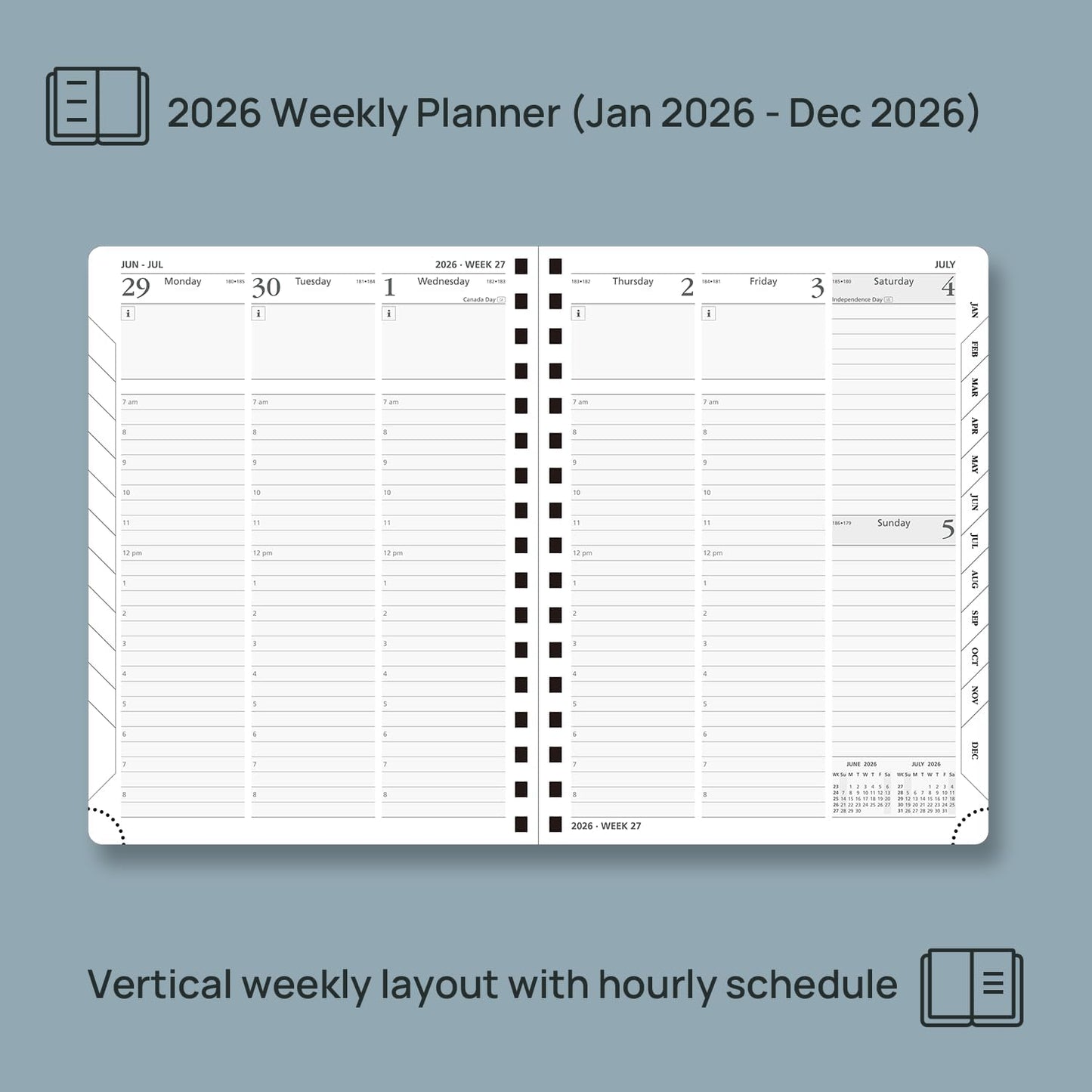 POPRUN 2026 Planner (Medium - 6.5'' x 8.5'') with Hourly Schedule, Vertical Layout - 2026 Weekly Calendar (Jan. 2026 - Dec.2026) for Time Management, Monthly Tabs, Spiral Bound, Soft Cover - Black