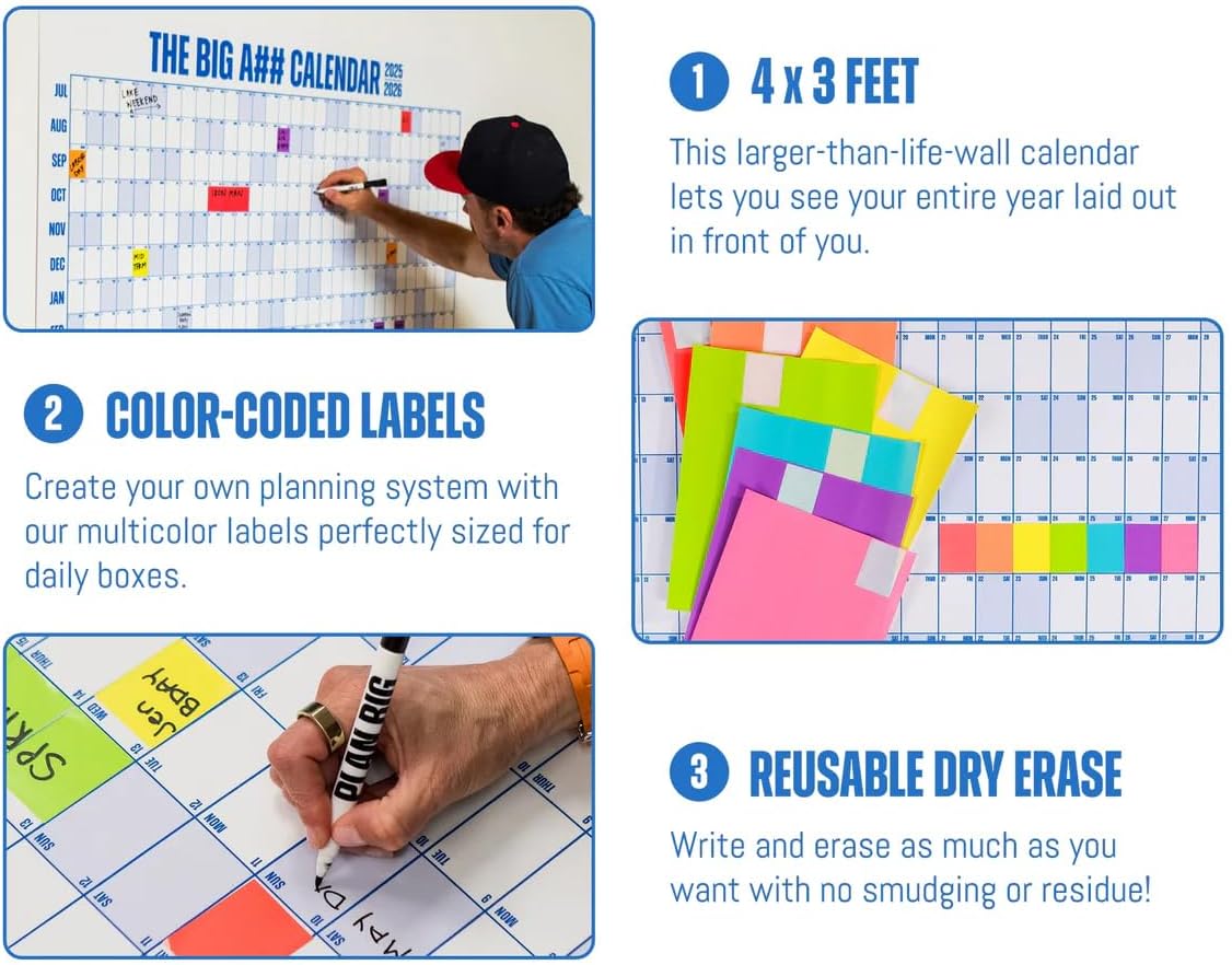 The Big A## Calendar Mid-Year Wall Planner – July to June Dry-Erase – Includes 1 Marker & 100 Labels – Lightweight, Easy to Hang Yearly Planner – Plan Goals & Adventures – Neutral, 4’x3’
