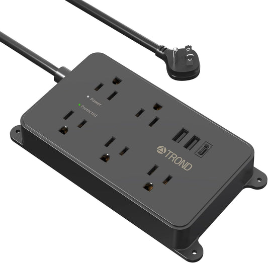 TROND Power Strip Surge Protector, 5 Widely-Spaced Outlets with 2 USB A and 1 USB C, ETL Listed, Wall Mountable, Flat Plug 5ft Extension Cord, 1300J, 14AWG Heavy Duty, for Office Kitchen, Black