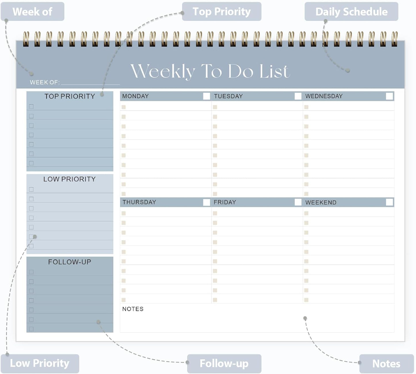 Weekly To Do List Notepad, Undated Planner with 52 Sheets (8.5''x11''), Desk Weekly Planner for Women & Man, Home School & Work