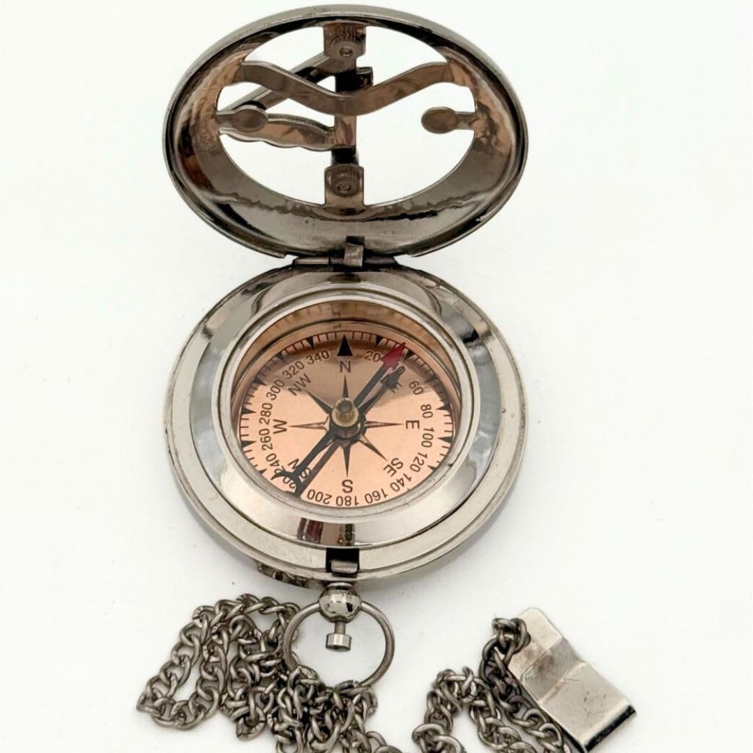 Vintage Brass Sundial Compass with Leather Case - Antique Brass & Copper Sun Clock for Camping, Hiking, Touring - Engraved Gift for Him - Silver Large Compass Viking Pendant Necklace for Men