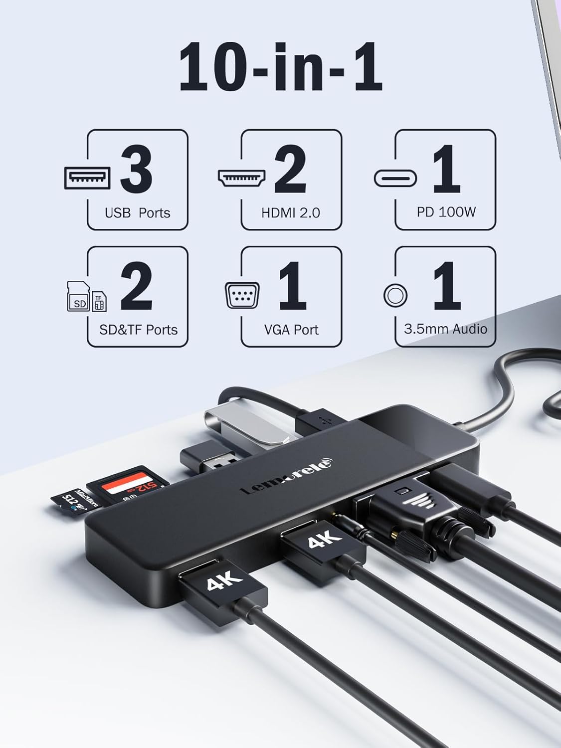 Lemorele USB C Docking Station Dual Monitor 10- in-1 Triple Display Laptop Hub Multiport Adapter w/2 HDMI 4K+VGA+3 USB3.0/2.0+TF/SD 2.0+Audio+100W PD, USB C Dongle for Mac/Dell/HP/Lenovo/Surface
