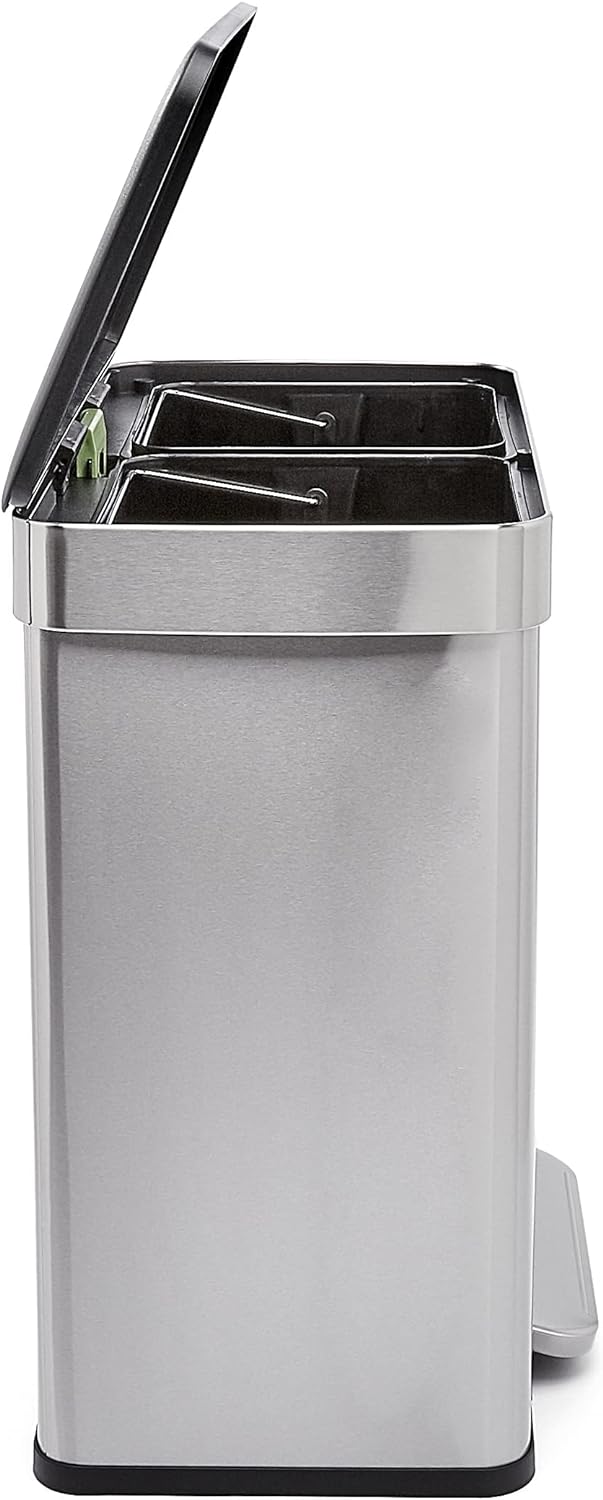 Amazon Basics Dual Compartment Recycling Trash Can with Soft-Close Lid and Removable Liner Buckets, 60 Liters, Rectangular, Grey, Silver