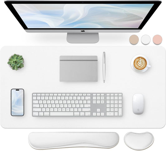 Bloss Leather Desk Pad and Keyboard Wrist Rest, Large Mouse Pad + Keyboard Pad+Mouse Wrist Support, Non-Slip Desk Mat Protector for Office, Home(31.5×15.7 Inches,White)