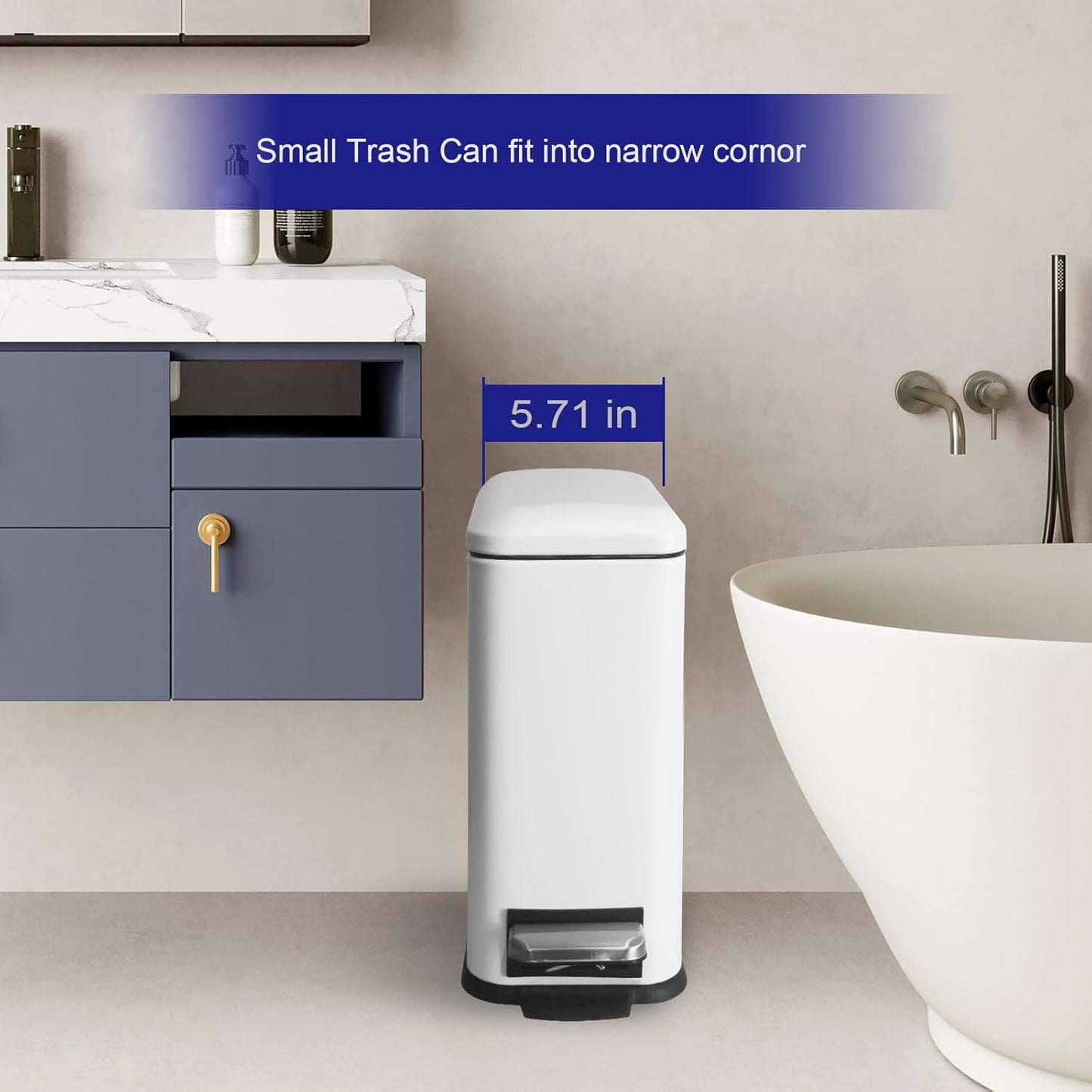 Bathroom Trash Can with Lid，5 Liter / 1.3 Gallon Small Trash Can with Removable Liner Bucket, Soft Close lid & Step Pedal, Stainless Steel Trash Bin for Bathroom,Bedroom,Home Office, White