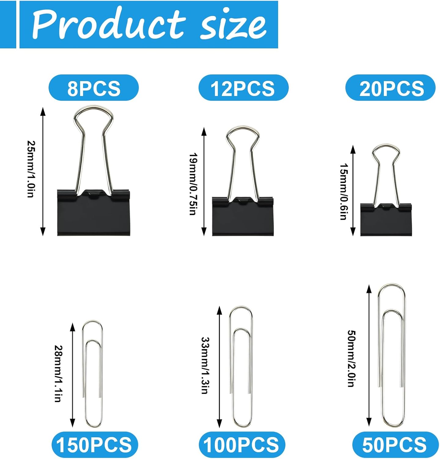 Binder and Paper Clips Set, 340 pcs Assorted Sizes in Container With Compartments - Silver Paper and Black Binder Clips for Home, School, Office Supplies