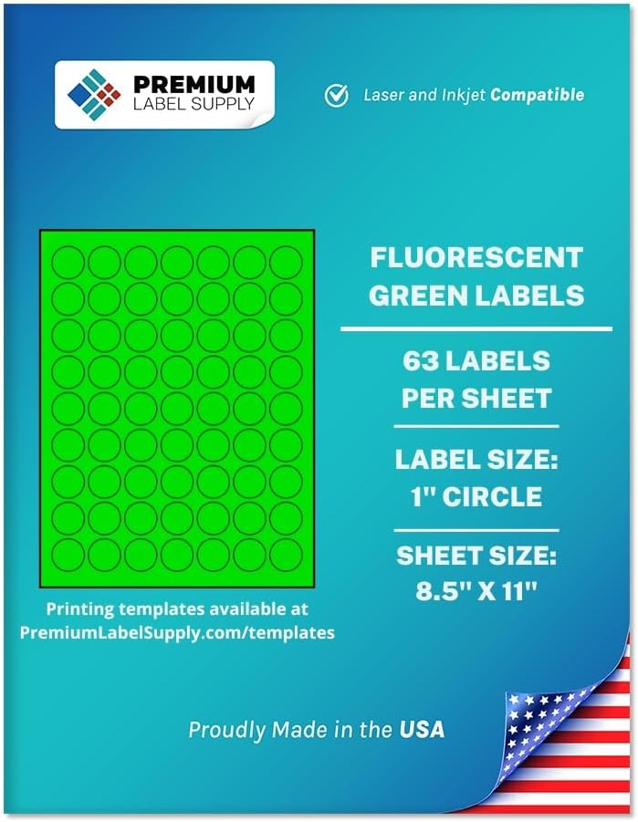 Premium Label Supply Bright Neon Color Fluorescent Sticker Labels - 1" Round Labels - (Fluorescent Green, 1,575 Labels)