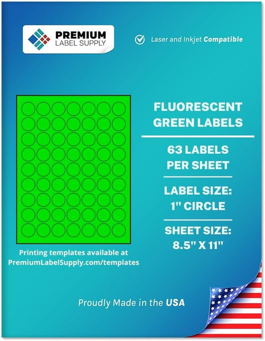 Premium Label Supply Bright Neon Color Fluorescent Sticker Labels - 1" Round Labels - (Fluorescent Green, 1,575 Labels)