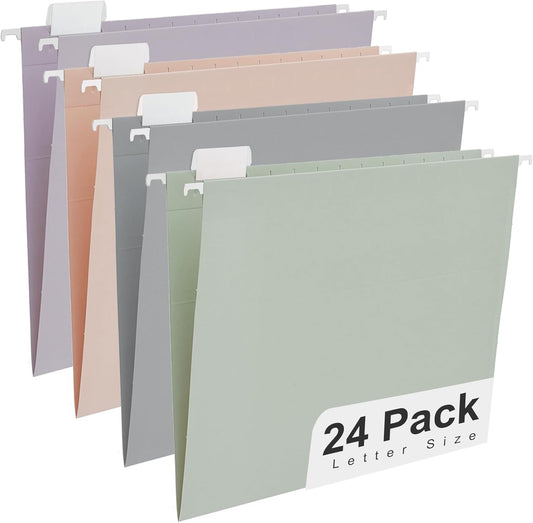 Y YOMA 24 Pack Colored Hanging File Folders Letter Size Decorative Hanging Folder Cute Pretty File Folder for Filing Cabinet Office Home with 1/5-Cut Adjustable Tabs, 4 Selected Morandi Color