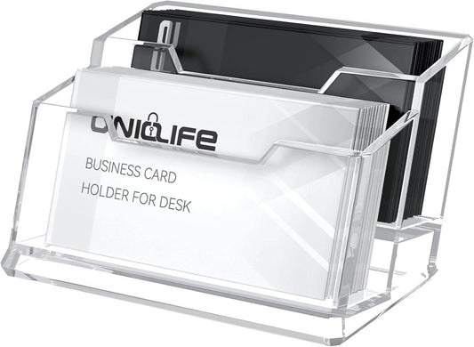 Uniclife Acrylic Business Card Holder for Desk 2 Slots Clear Business Card Display Stand for Men & Women Desktop Business Card Organizer Card Stand for Office Home Exhibition, 120 Card Capacity